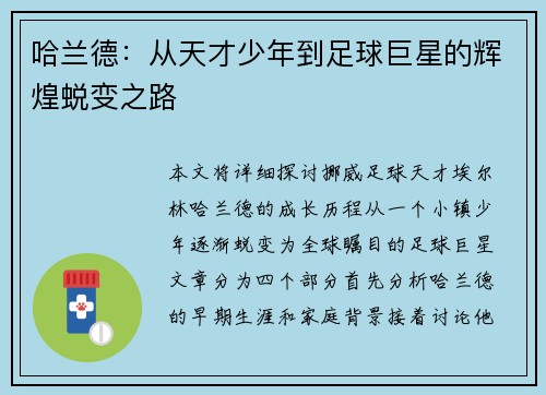 哈兰德：从天才少年到足球巨星的辉煌蜕变之路